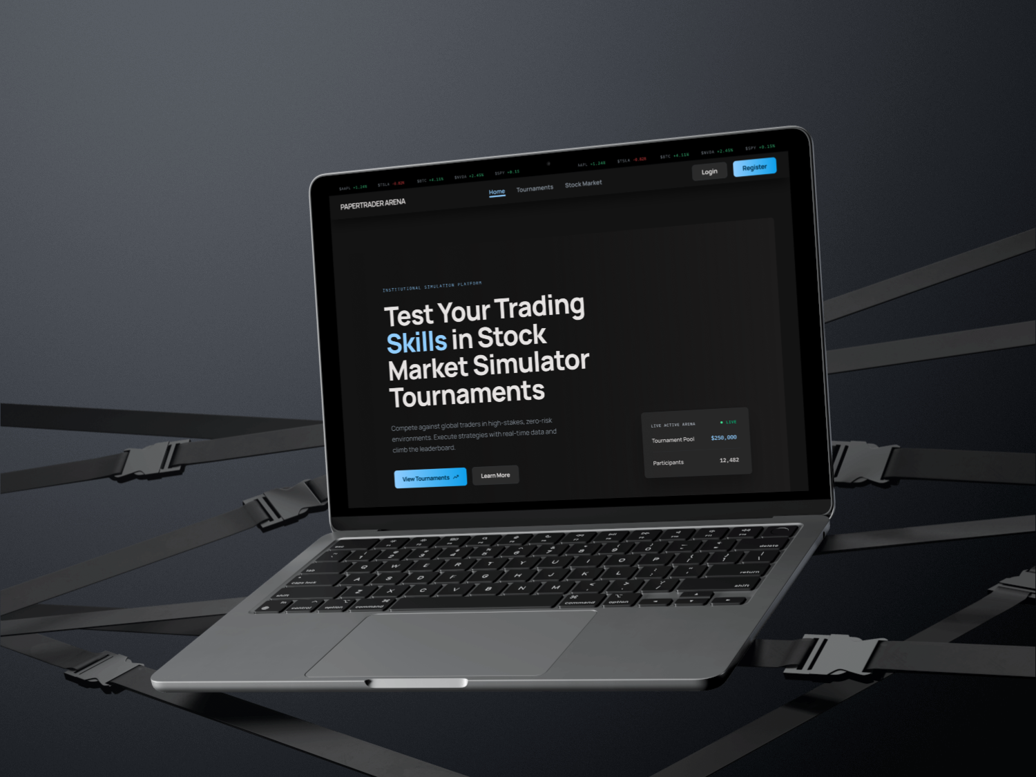Paper Trader Arena landing page shown on a laptop