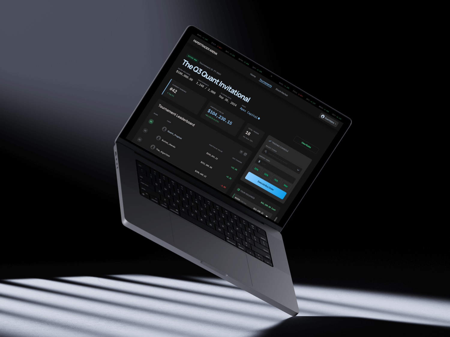 The Paper Trader Arena Tournament Detail page showing rankings, portfolio value, and trading controls