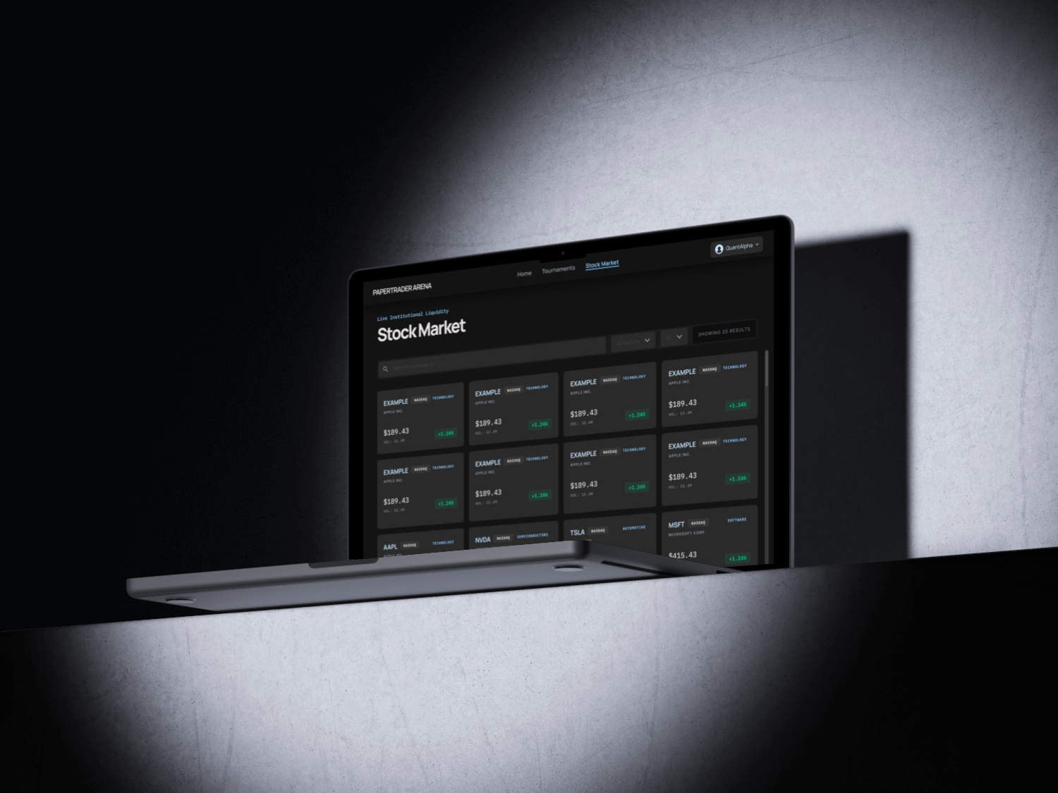 The Paper Trader Arena Stock Market page on a laptop, showing stock cards with prices and percentage changes